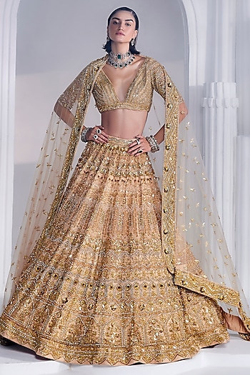 Gold Net Swarovski Embroidered Bridal Lehenga Set by Ruchika Hurria at Pernia's Pop Up Shop