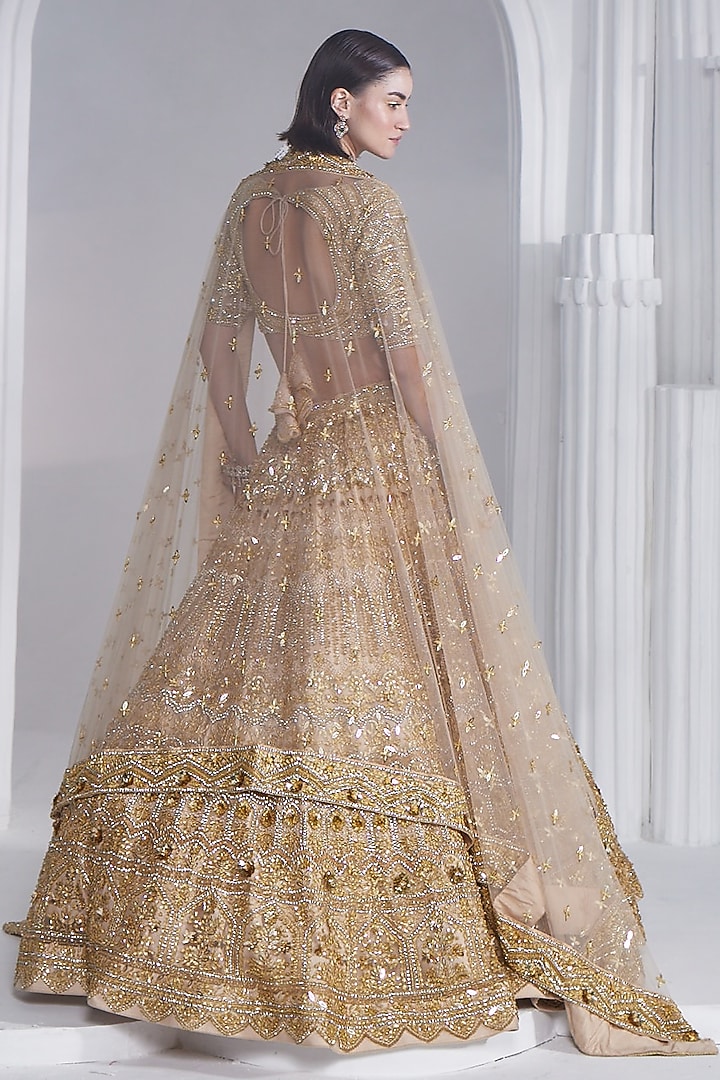 Gold Net Swarovski Embroidered Bridal Lehenga Set by Ruchika Hurria at Pernia's Pop Up Shop
