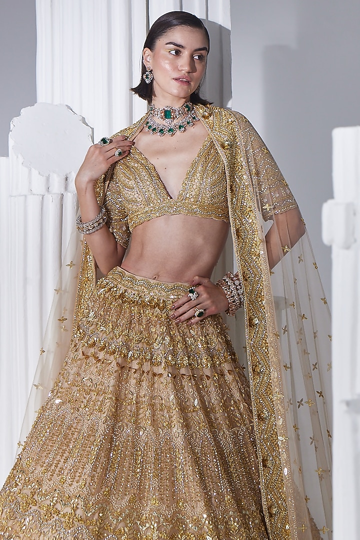 Gold Net Swarovski Embroidered Bridal Lehenga Set by Ruchika Hurria at Pernia's Pop Up Shop