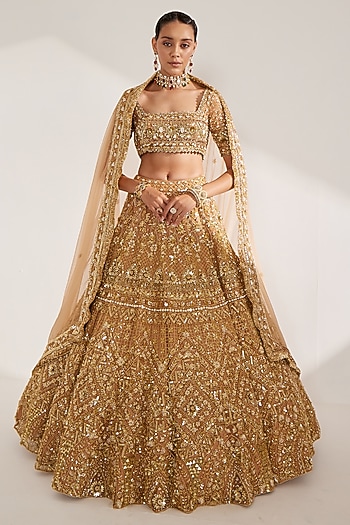 Gold Net Crystal Embroidered Bridal Lehenga Set by Ruchika Hurria at Pernia's Pop Up Shop