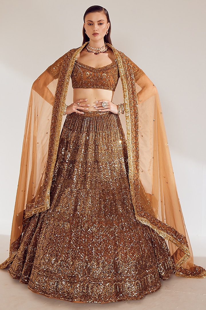 Antique Gold Net Sequins Embroidered Lehenga Set by Ruchika Hurria