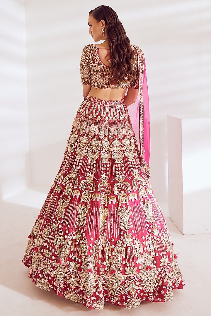 Hot Pink Net Sequins Embroidered Wedding Lehenga Set by Ruchika Hurria at Pernia's Pop Up Shop