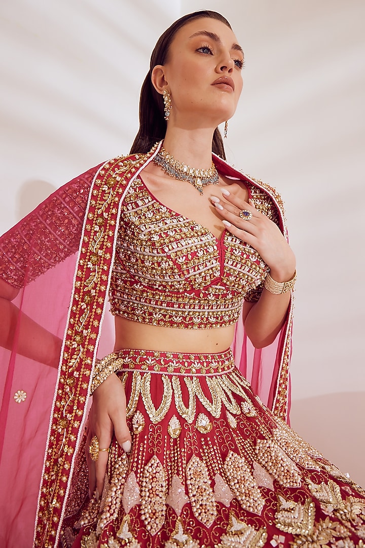 Hot Pink Net Sequins Embroidered Wedding Lehenga Set by Ruchika Hurria at Pernia's Pop Up Shop