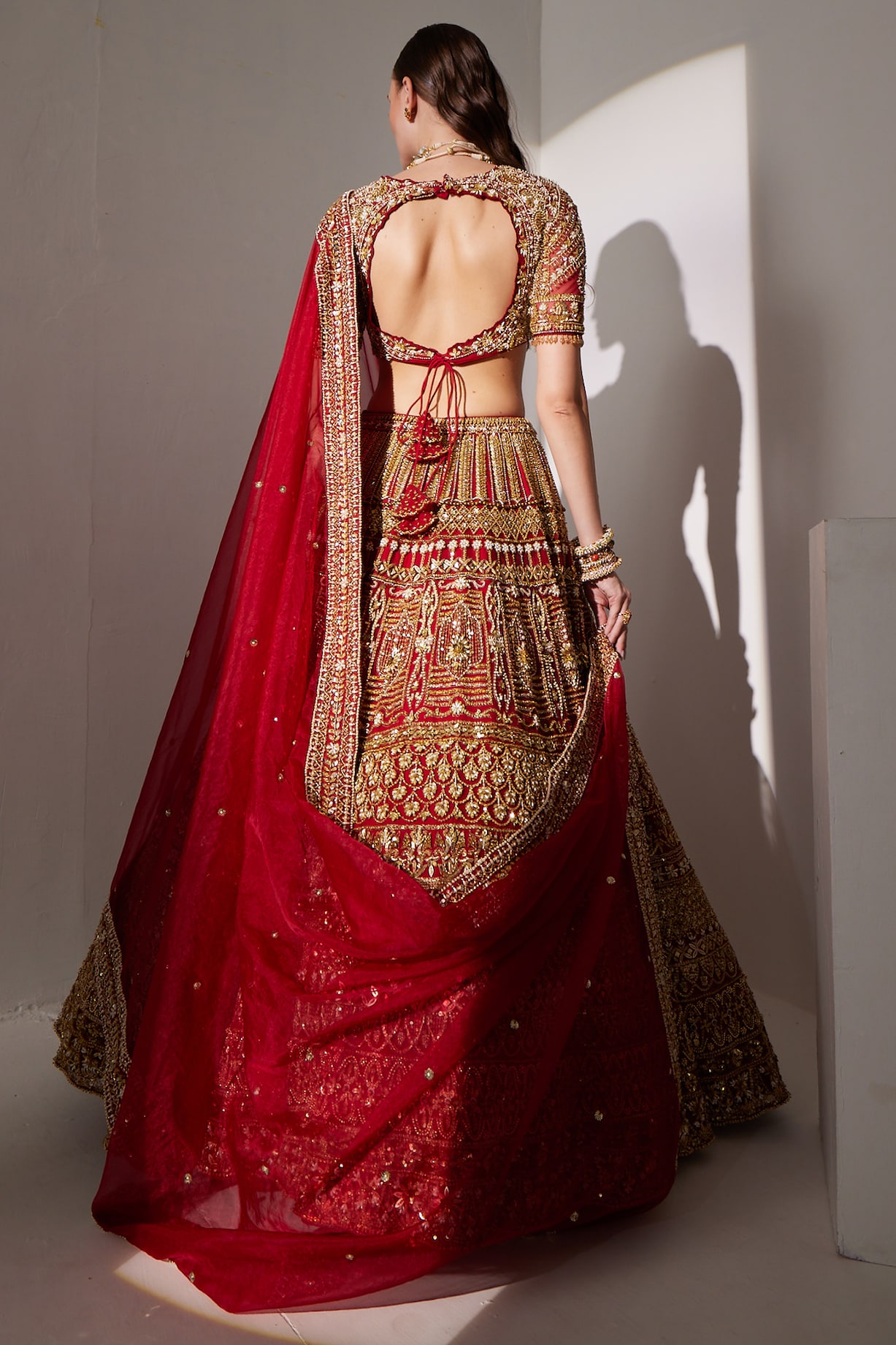 Wine Red Organza Net Sequins, Zari and Thread Embroidered Lehenga Set