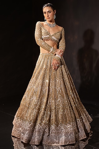 Gold Silk Embroidered Lehenga Set by Ruchika Hurria