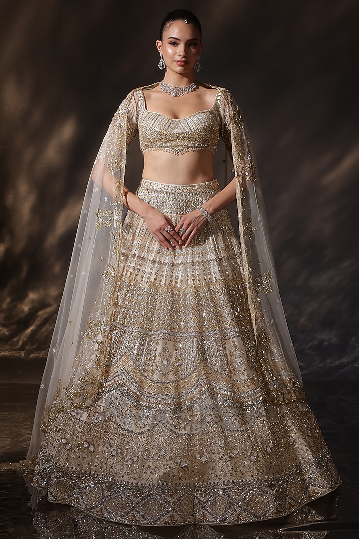 Gold Silk Embroidered Bridal Lehenga Set by Ruchika Hurria at Pernia's Pop Up Shop
