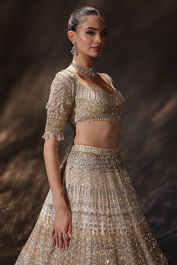 Gold Silk Embroidered Bridal Lehenga Set by Ruchika Hurria at Pernia's Pop Up Shop