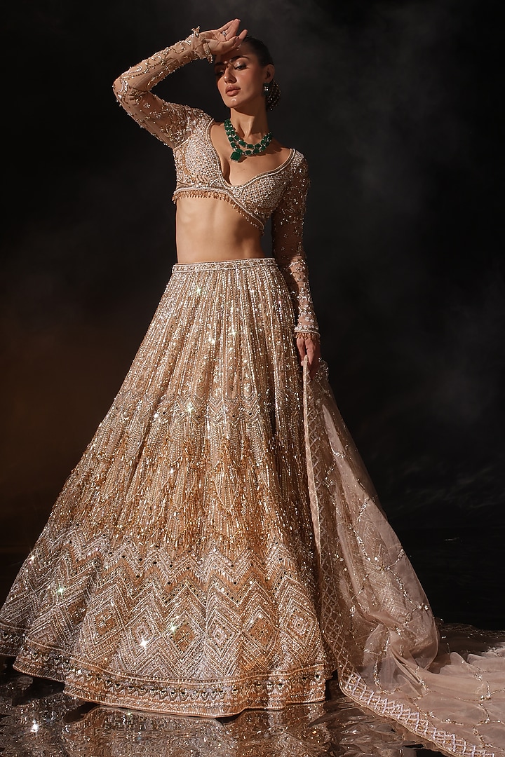 Gold Silk Embroidered Bridal Lehenga Set by Ruchika Hurria at Pernia's Pop Up Shop