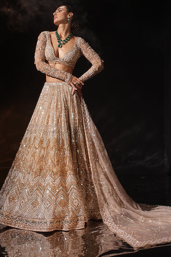 Gold Silk Embroidered Bridal Lehenga Set by Ruchika Hurria at Pernia's Pop Up Shop