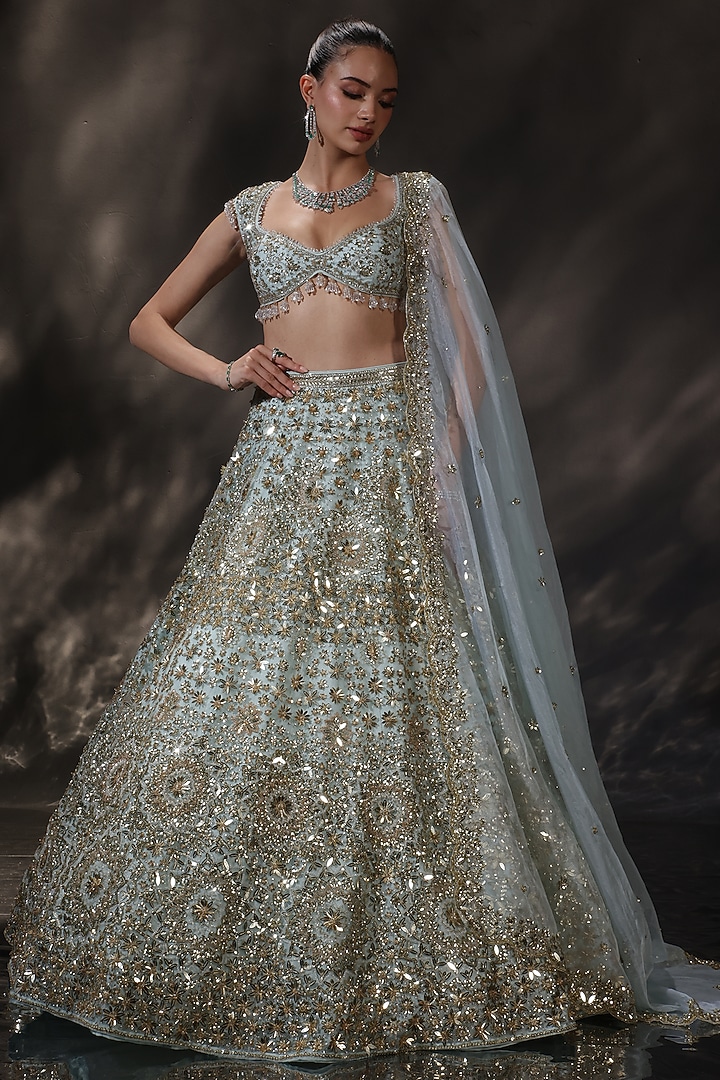 Blue Silk Embroidered Bridal Lehenga Set by Ruchika Hurria at Pernia's Pop Up Shop