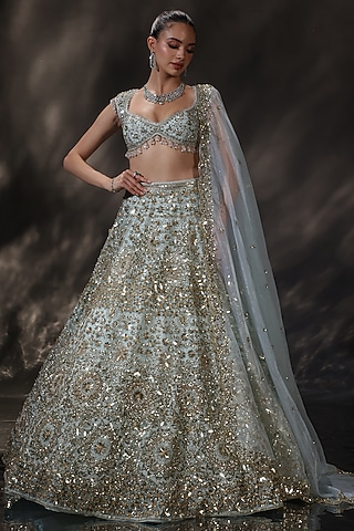 Blue Silk Embroidered Lehenga Set by Ruchika Hurria