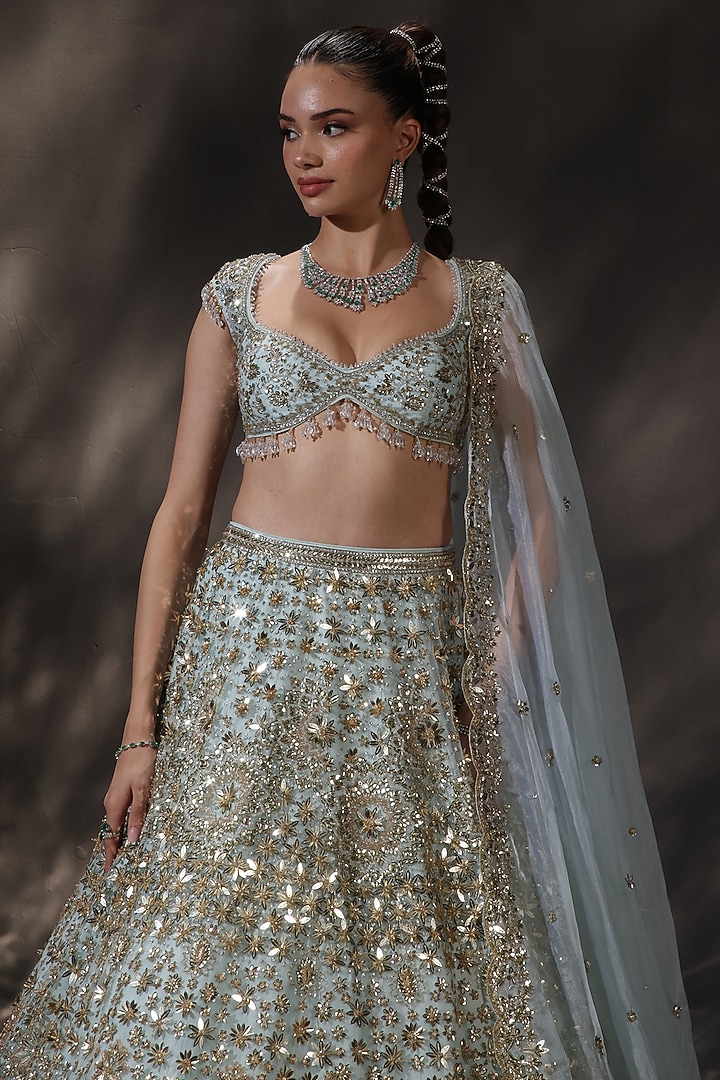 Blue Silk Embroidered Bridal Lehenga Set by Ruchika Hurria at Pernia's Pop Up Shop