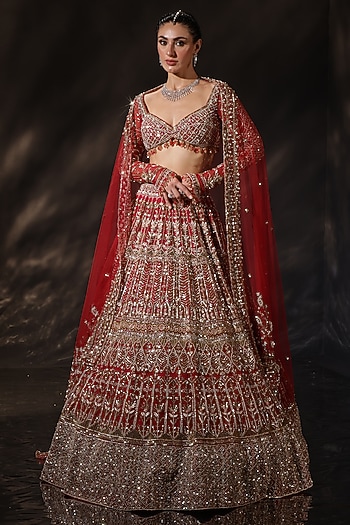 Red Silk Embroidered Bridal Lehenga Set by Ruchika Hurria at Pernia's Pop Up Shop