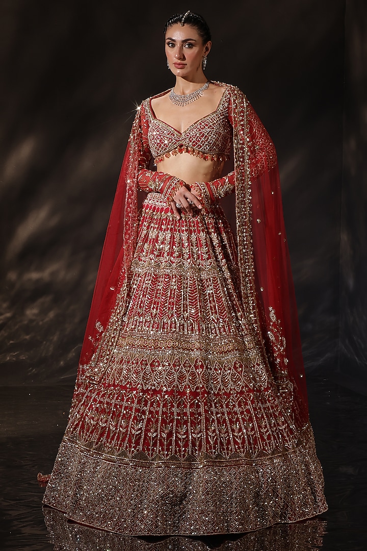 Red Silk Embroidered Bridal Lehenga Set by Ruchika Hurria at Pernia's Pop Up Shop