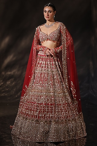 Red Silk Embroidered Lehenga Set by Ruchika Hurria