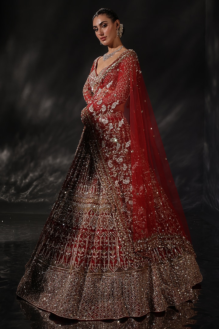 Red Silk Embroidered Bridal Lehenga Set by Ruchika Hurria at Pernia's Pop Up Shop