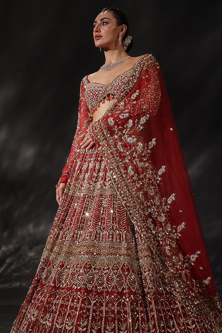 Red Silk Embroidered Bridal Lehenga Set by Ruchika Hurria at Pernia's Pop Up Shop