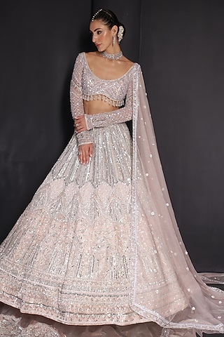 Light Pink Silk Embroidered Lehenga Set by Ruchika Hurria