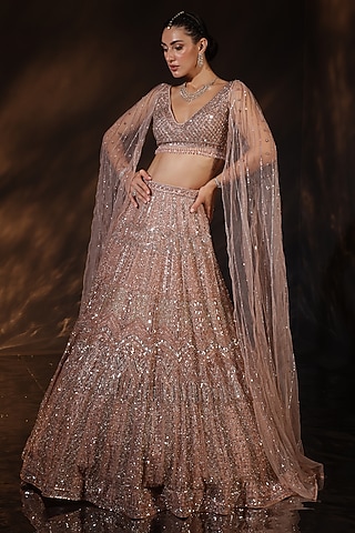 Pink Silk Embroidered Lehenga Set by Ruchika Hurria