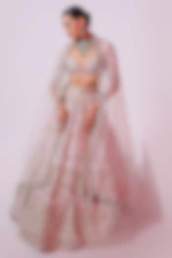 Powder Pink Raw Silk Aari & Zardosi Embellished Bridal Lehenga Set by Ruchika Hurria at Pernia's Pop Up Shop