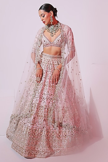 Powder Pink Raw Silk Aari & Zardosi Embellished Bridal Lehenga Set by Ruchika Hurria at Pernia's Pop Up Shop