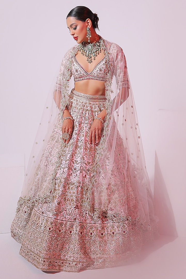 Powder Pink Raw Silk Aari & Zardosi Embellished Bridal Lehenga Set by Ruchika Hurria at Pernia's Pop Up Shop