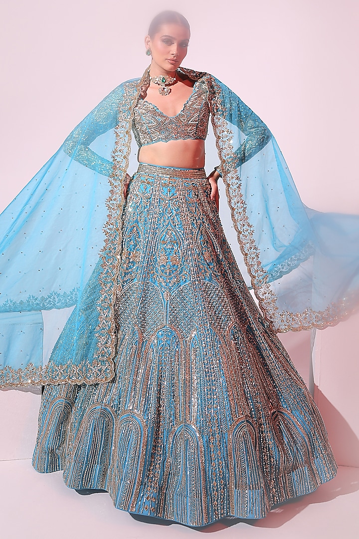 Turquoise Net Sequins & Pearl Embroidered Bridal Lehenga Set by Ruchika Hurria at Pernia's Pop Up Shop