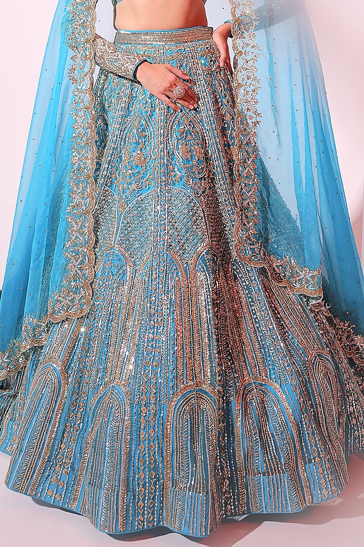 Turquoise Net Sequins & Pearl Embroidered Bridal Lehenga Set by Ruchika Hurria at Pernia's Pop Up Shop