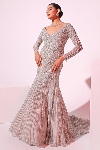 Grey Net Sequins & Pearl Embroidered Wedding Gown by Ruchika Hurria at Pernia's Pop Up Shop