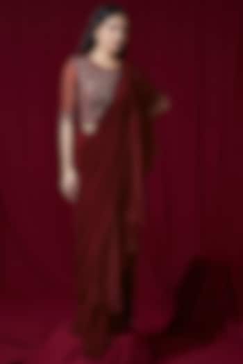 Red Georgette Draped Saree Set by Ruchi Kamboj