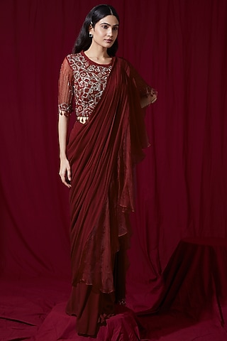 Red Georgette Draped Saree Set by Ruchi Kamboj