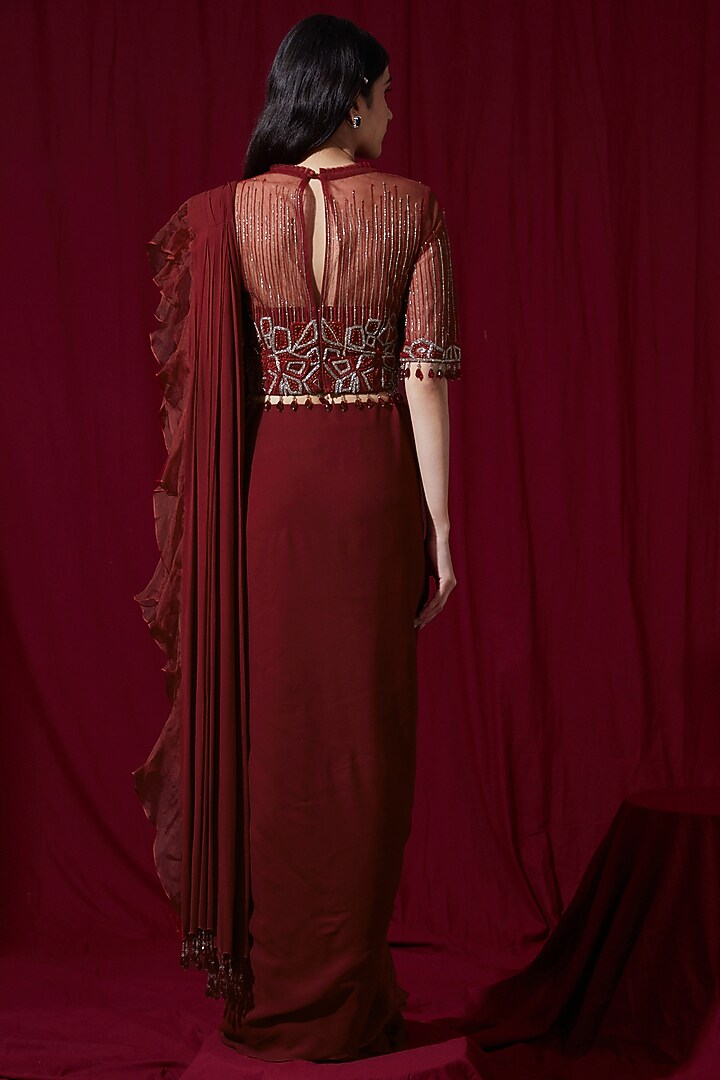 Red Georgette Draped Wedding Saree Set by Ruchi Kamboj at Pernia's Pop Up Shop