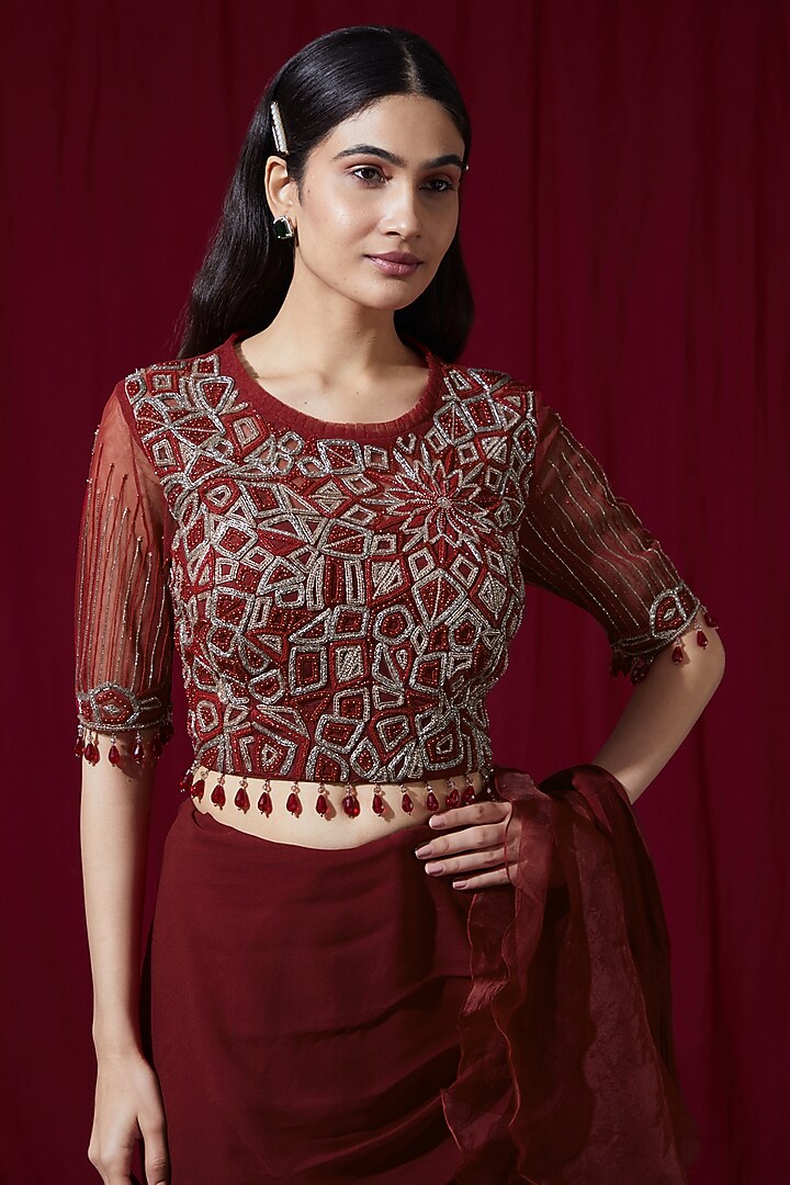 Red Georgette Draped Wedding Saree Set by Ruchi Kamboj at Pernia's Pop Up Shop