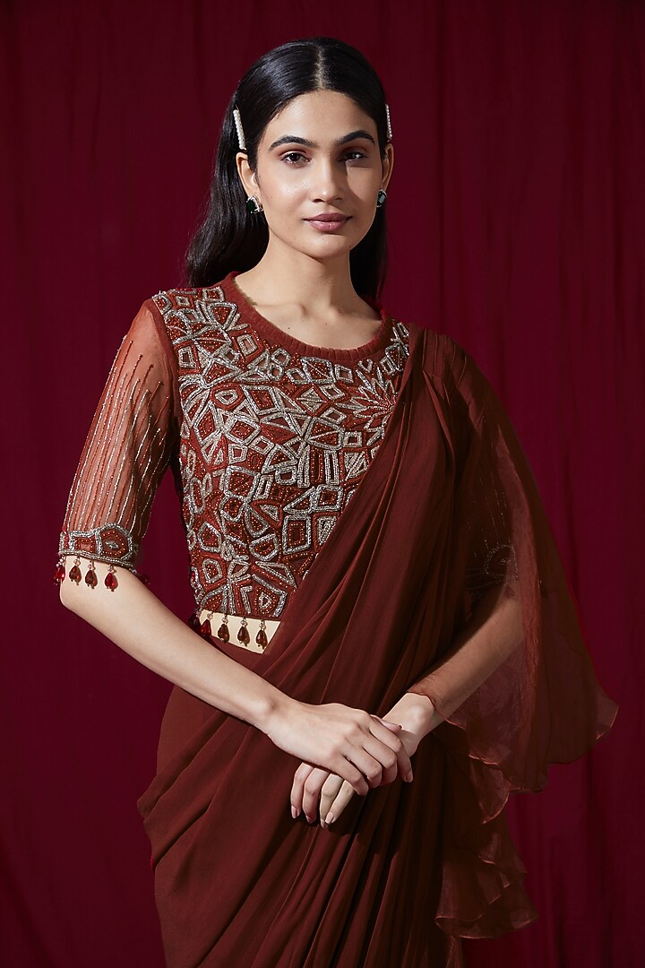 Red Georgette Draped Wedding Saree Set by Ruchi Kamboj at Pernia's Pop Up Shop