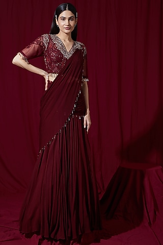 Wine Georgette Lehenga Saree Set by Ruchi Kamboj