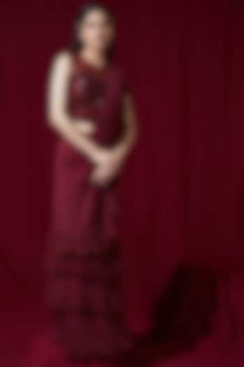 Red Georgette Ruffled Draped Saree Set by Ruchi Kamboj