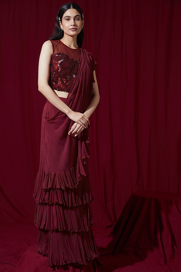 Red Georgette Ruffled Draped Saree Set by Ruchi Kamboj