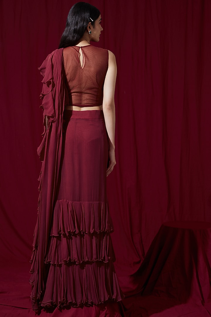 Red Georgette Ruffled Draped Wedding Saree Set by Ruchi Kamboj at Pernia's Pop Up Shop