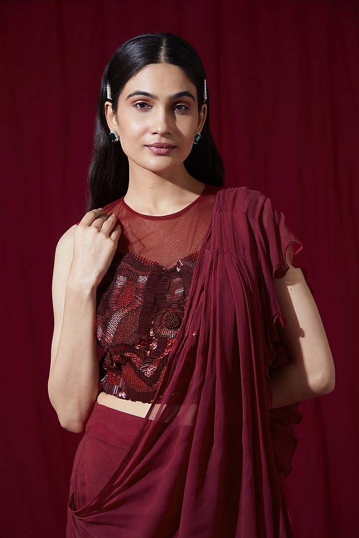 Red Georgette Ruffled Draped Wedding Saree Set by Ruchi Kamboj at Pernia's Pop Up Shop