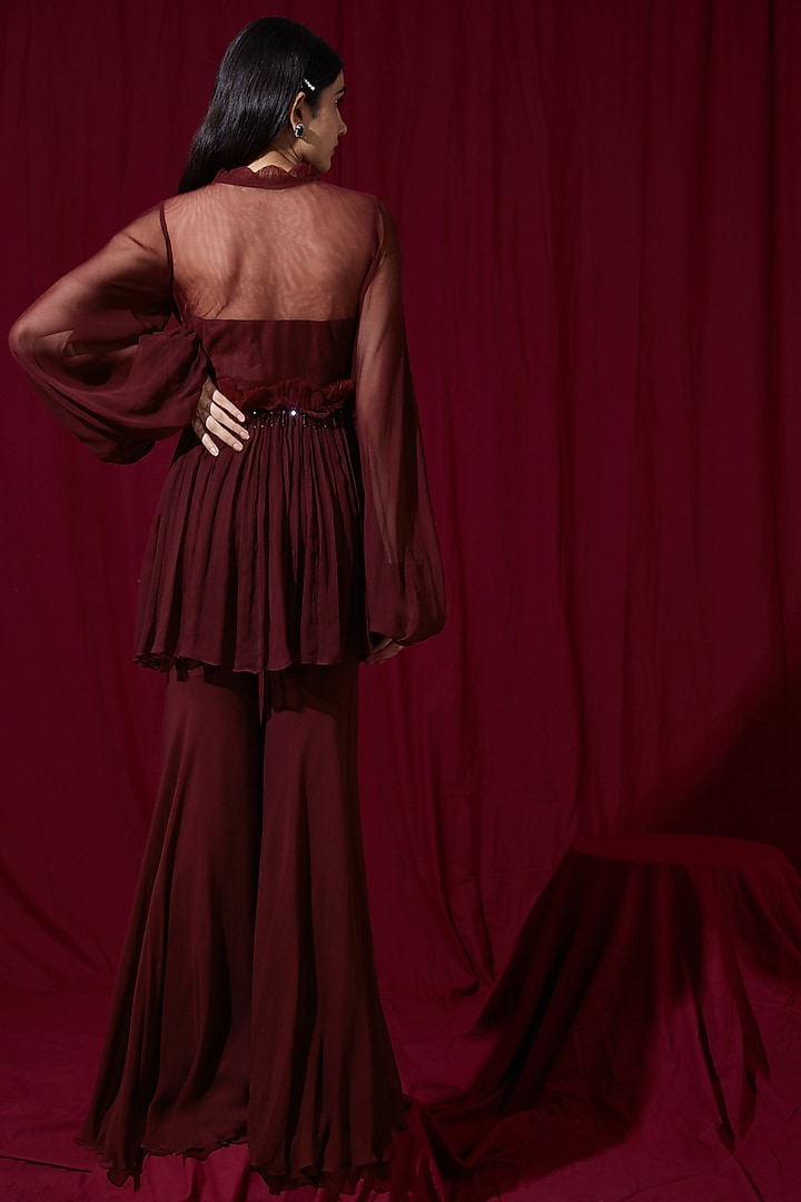 Maroon Georgette Wedding Sharara Set by Ruchi Kamboj at Pernia's Pop Up Shop