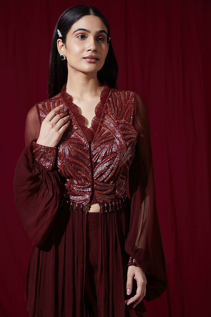 Maroon Georgette Wedding Sharara Set by Ruchi Kamboj at Pernia's Pop Up Shop