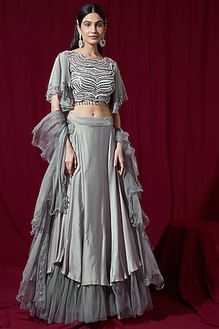 Grey Satin Net Lehenga Set by Ruchi Kamboj