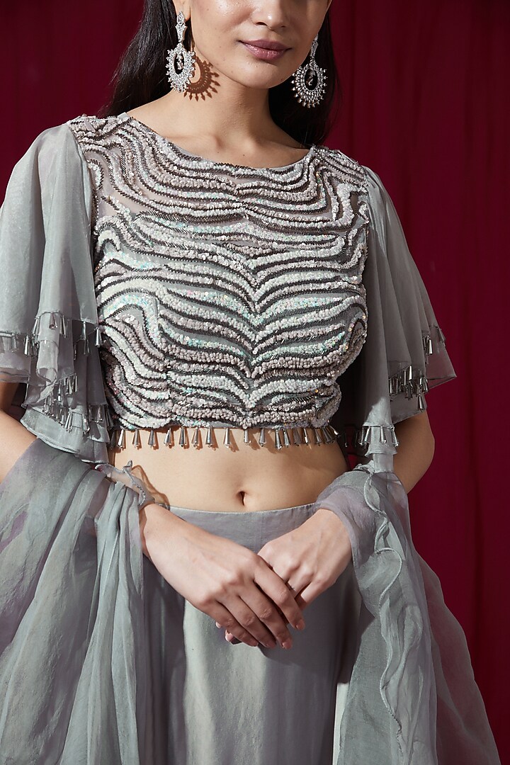 Grey Satin Net Wedding Lehenga Set by Ruchi Kamboj at Pernia's Pop Up Shop