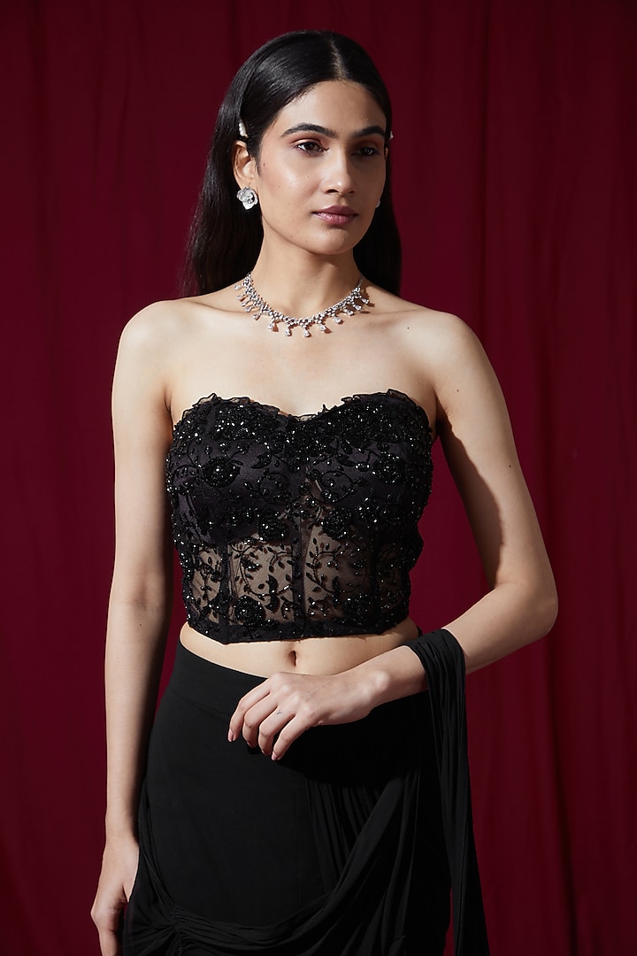 Black Georgette Wedding Saree Set by Ruchi Kamboj at Pernia's Pop Up Shop
