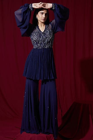 Blue Net Georgette Sharara Set by Ruchi Kamboj
