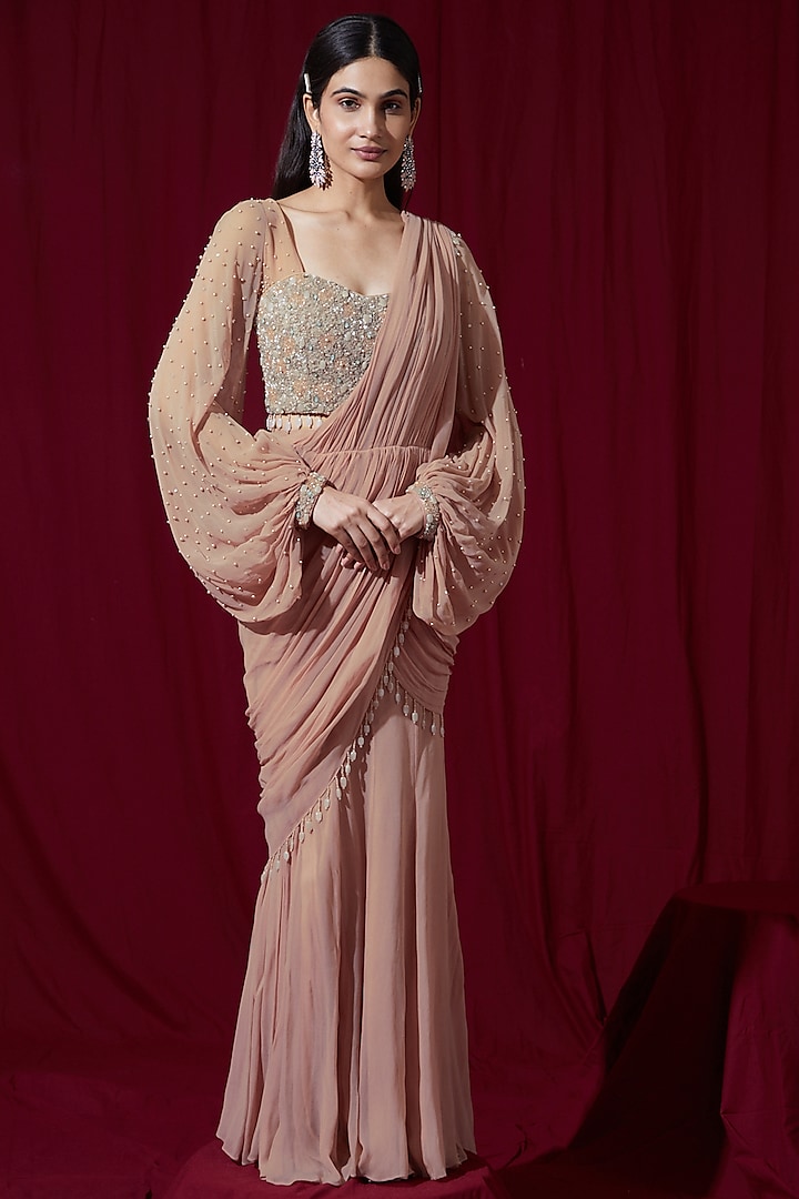 Pink Georgette Draped Saree Set by Ruchi Kamboj