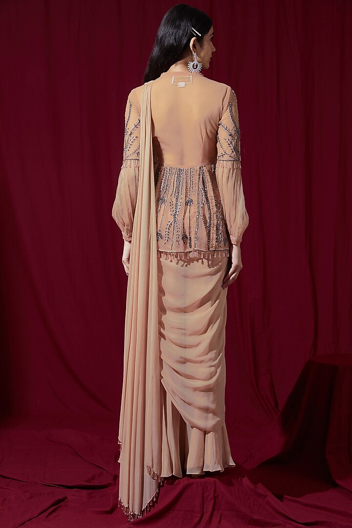 Pink Georgette Pant Wedding Saree Set by Ruchi Kamboj at Pernia's Pop Up Shop