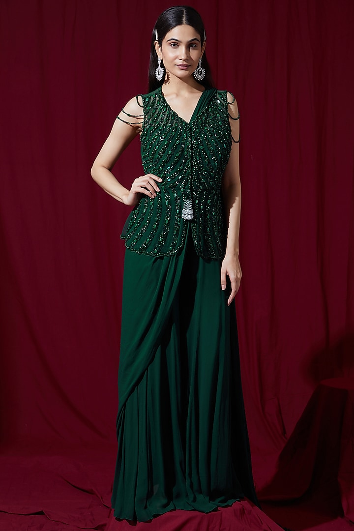 Green Georgette Pre-Stitched Saree Set by Ruchi Kamboj