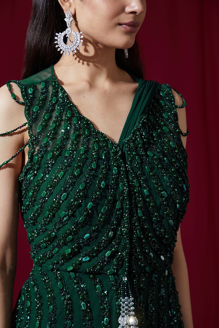 Green Georgette Pre-Stitched Wedding Saree Set by Ruchi Kamboj at Pernia's Pop Up Shop
