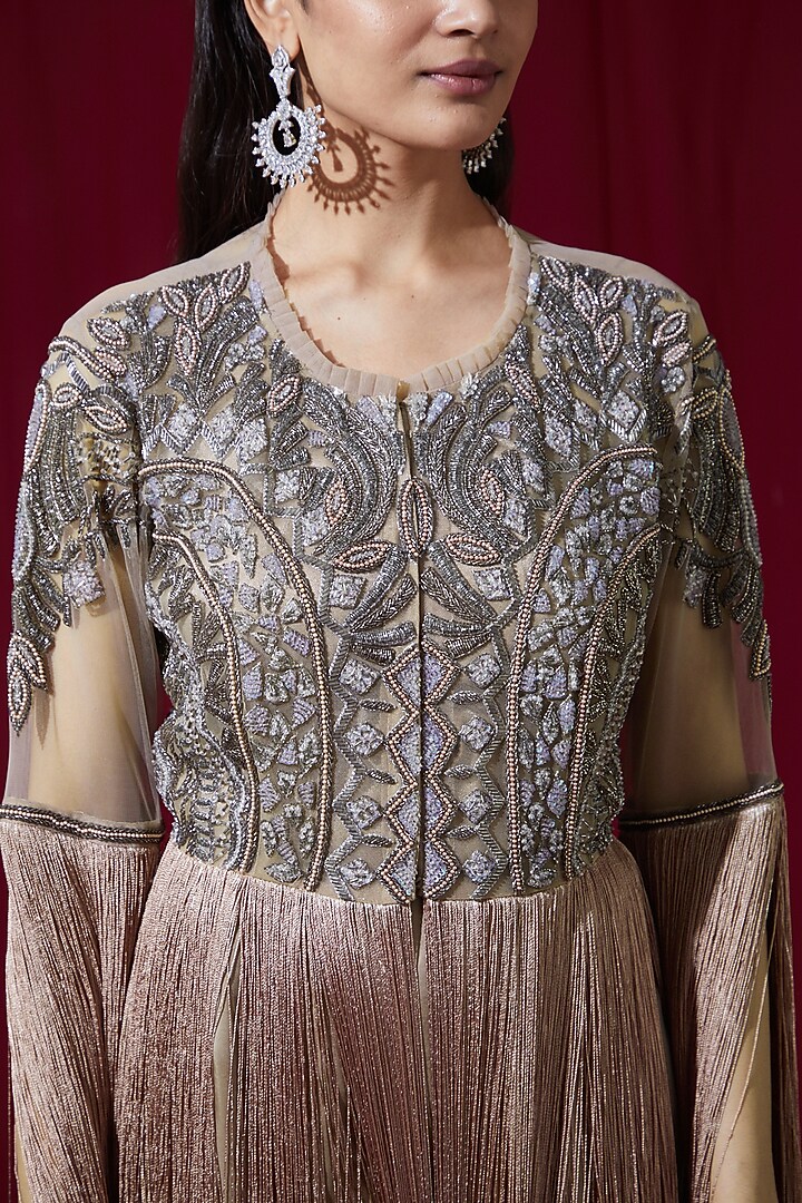 Beige Net Embroidered Jacket Set by Ruchi Kamboj at Pernia's Pop Up Shop